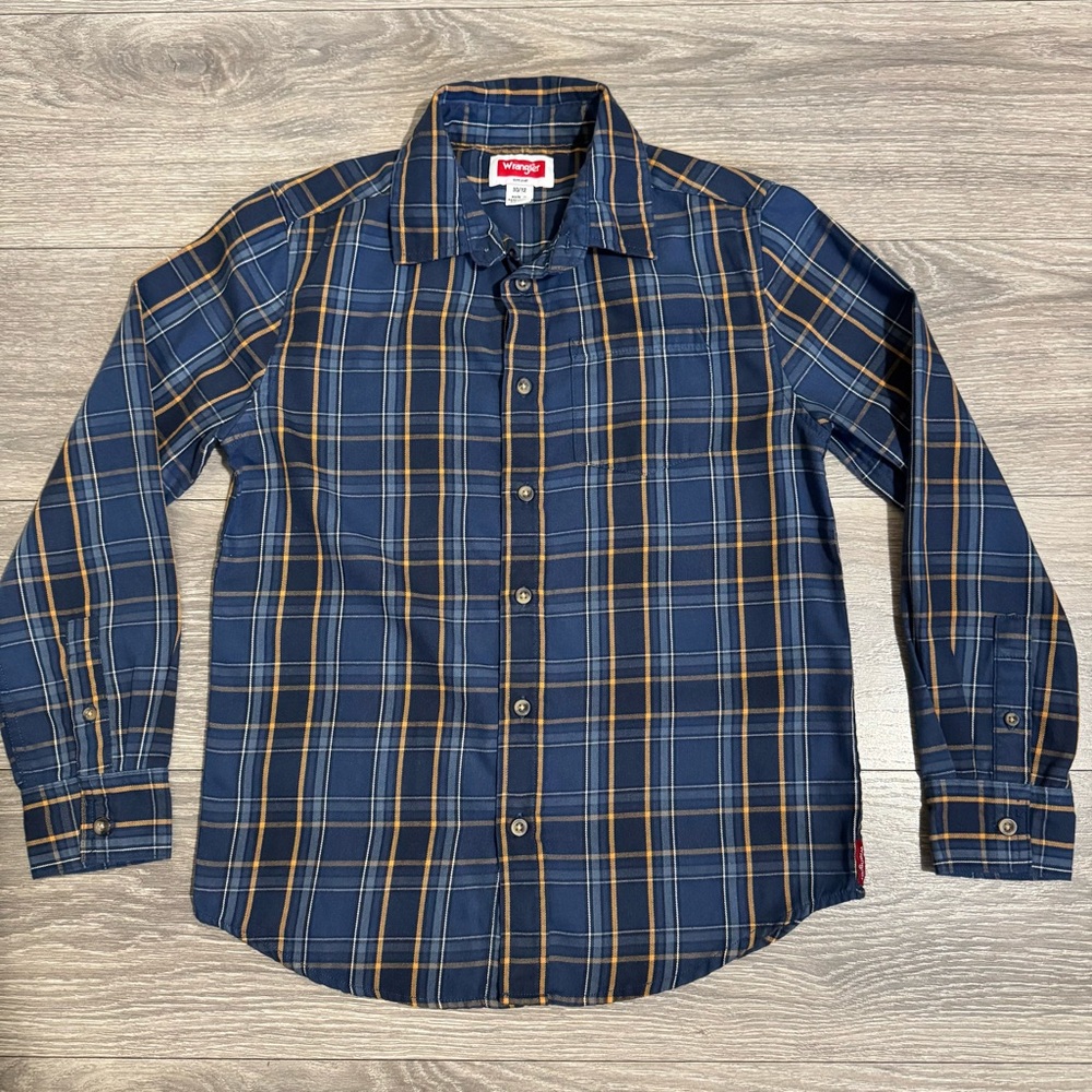 Wrangler Big Boy Navy & Gold Plaid Button Down Long Sleeves Shirt Size 10/12